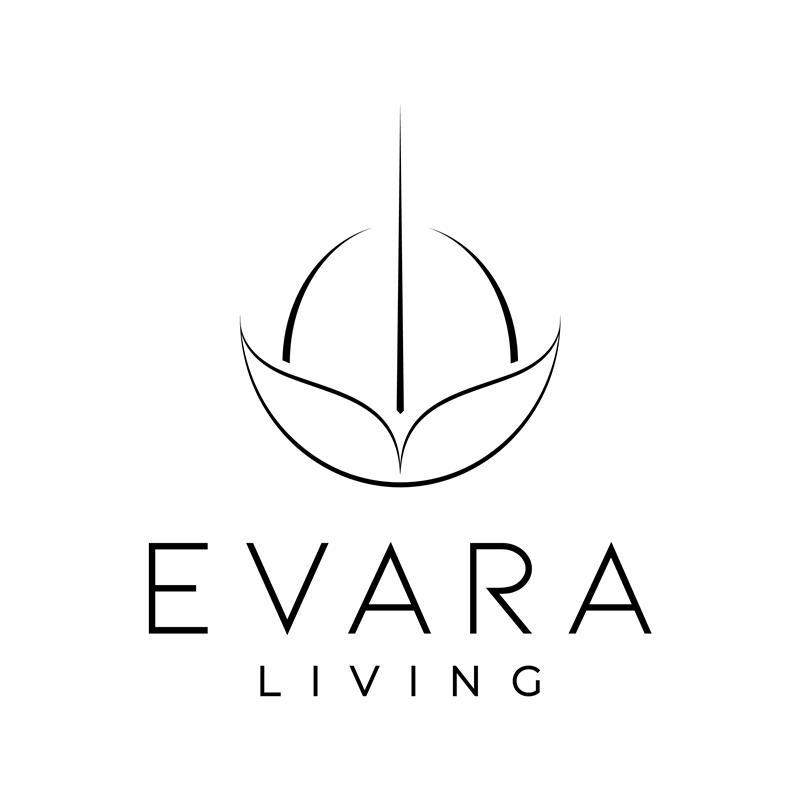 A logo with a leaf design and the words "EVARA LIVING" below it.